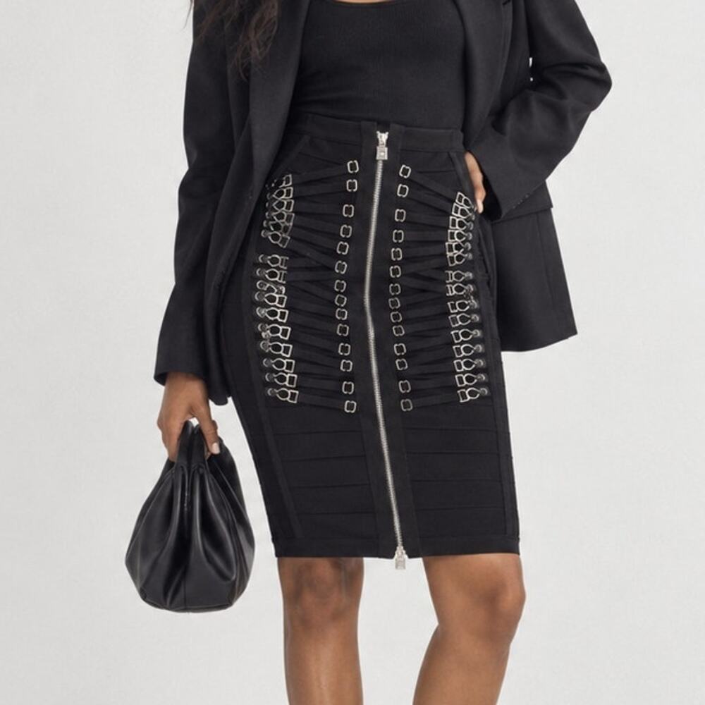 Herve Leger Mikayla Black Buckle Detail Bandage Mini Midi Pencil Skirt XS